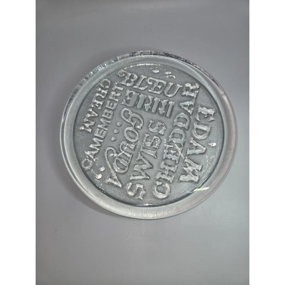 Clear Glass Cheese Varieties Round‎ Serve Cutting Board Embossed Mixed Font 11